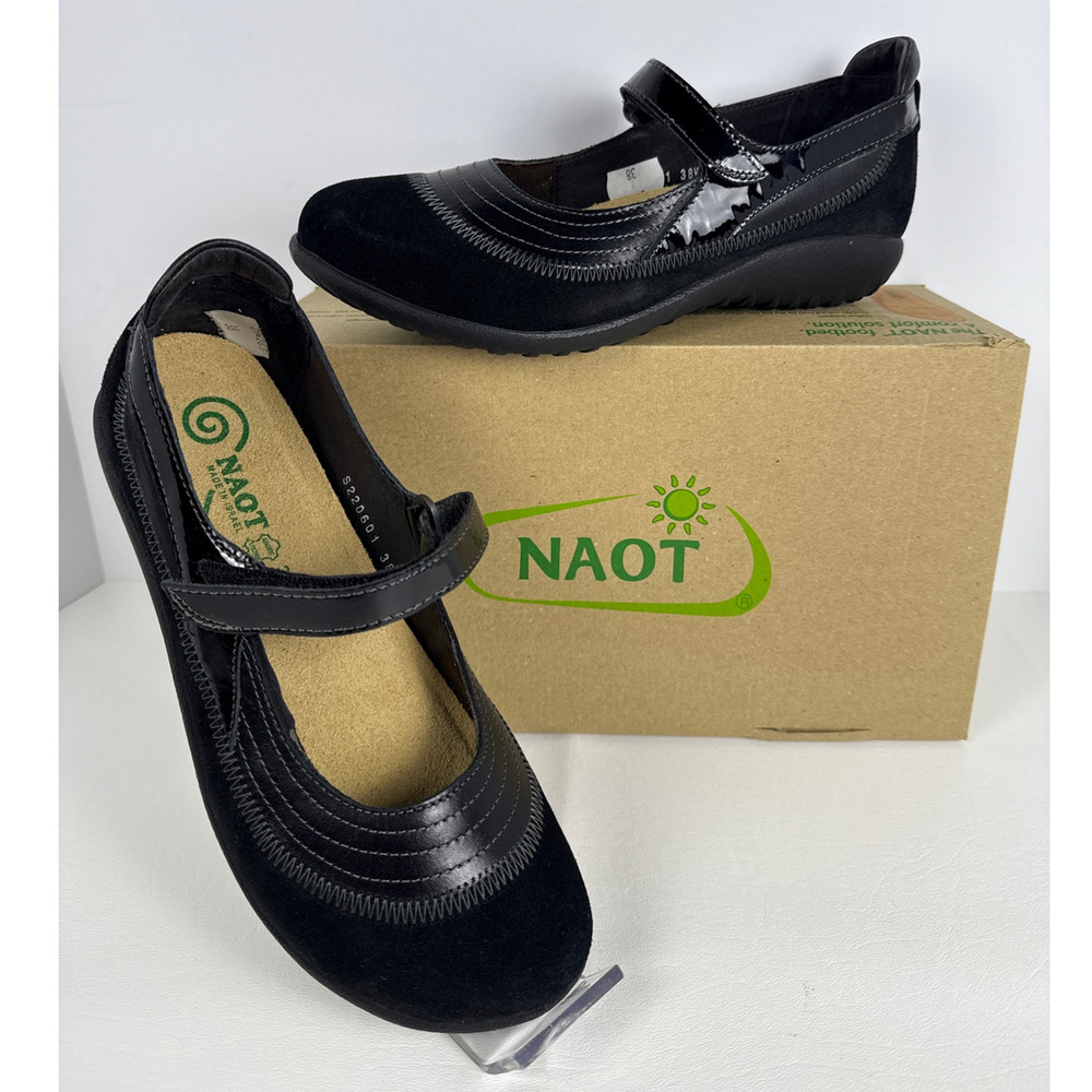 Naot Kirei Mary Jane Casual Flats Women's EU38 US 7-7.5 Wide Black Suede Cork